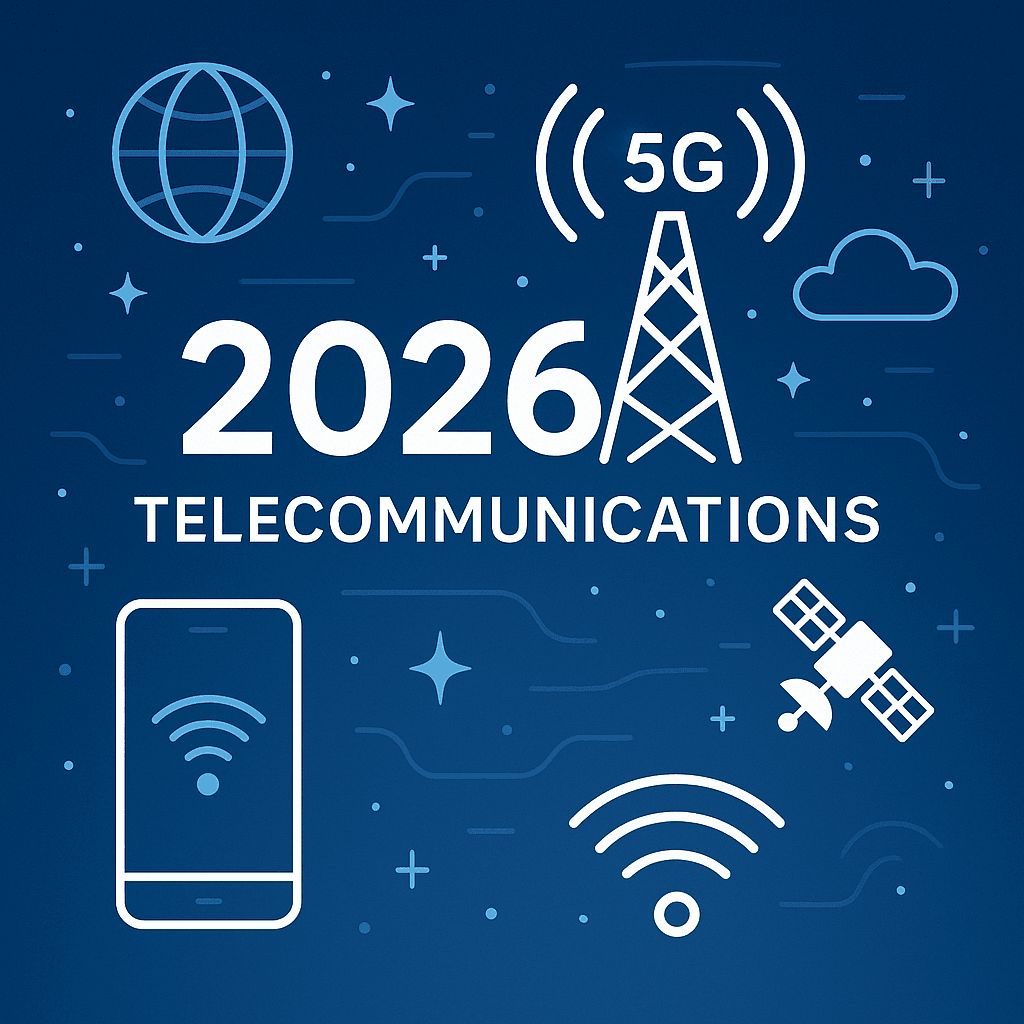Illustration showing wireless telecommunications trends for 2026, including 5G, satellites, cloud, and mobile technology.