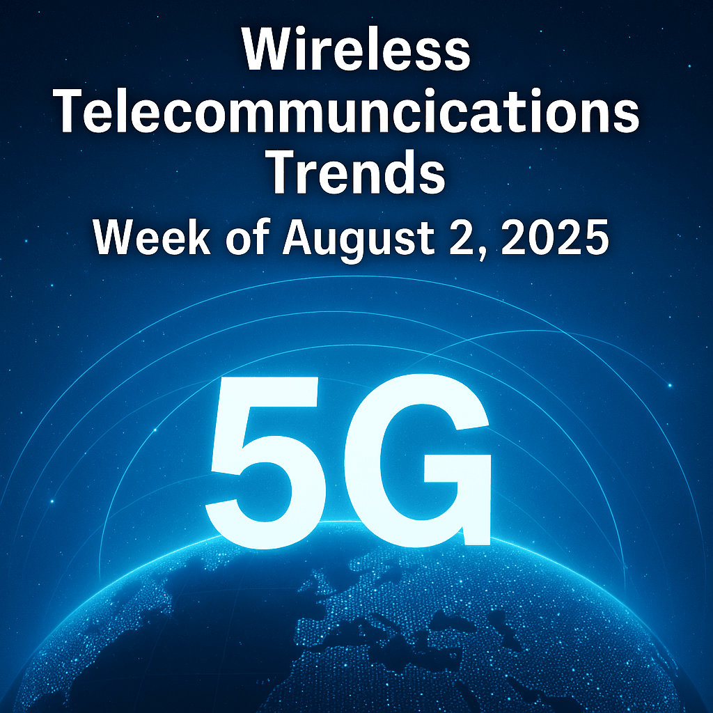 Graphic for Wireless Telecommunications Trends Week of August 2, 2025 showing 5G text over a glowing Earth with digital network lines.