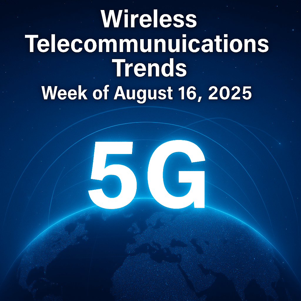 Wireless Telecommunications Trends – Week of August 16, 2025, featuring glowing 5G text above Earth with digital network arcs, symbolizing global 5G growth in UAE and China.